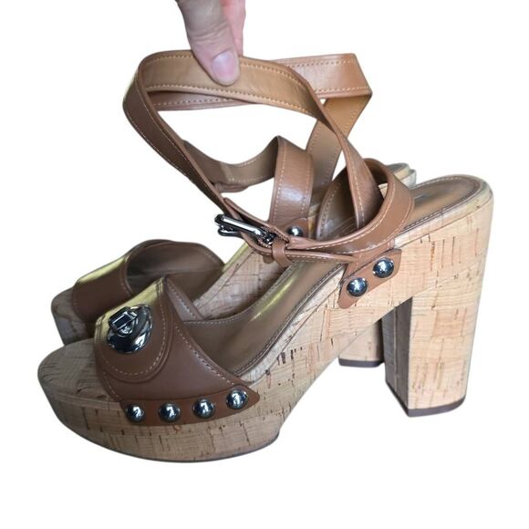 Coach Women's Size 7 Tan Cork Studded Platform 4.5" High Heels - Picture 1 of 7